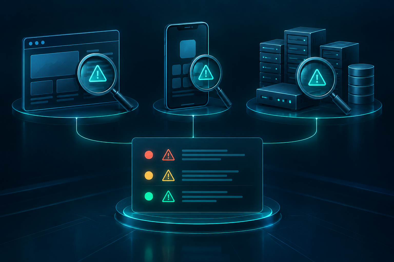 Illustration conceptuelle des tests web, mobiles et infrastructure et de l’identification des faiblesses.
