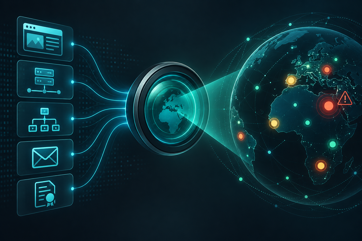 Schéma conceptuel de l’observation des actifs Internet, de l’identification des expositions et de la priorisation des risques par HorusEyes.