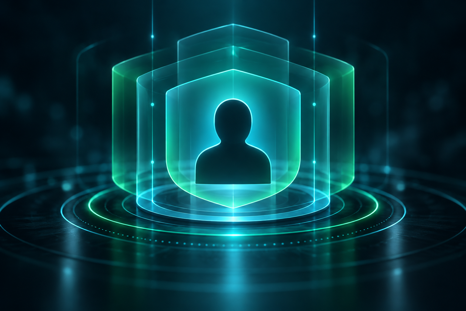 Illustration conceptuelle d’une identité entourée de couches de vérification cyan et vert, évoquant l’authentification multifacteur.