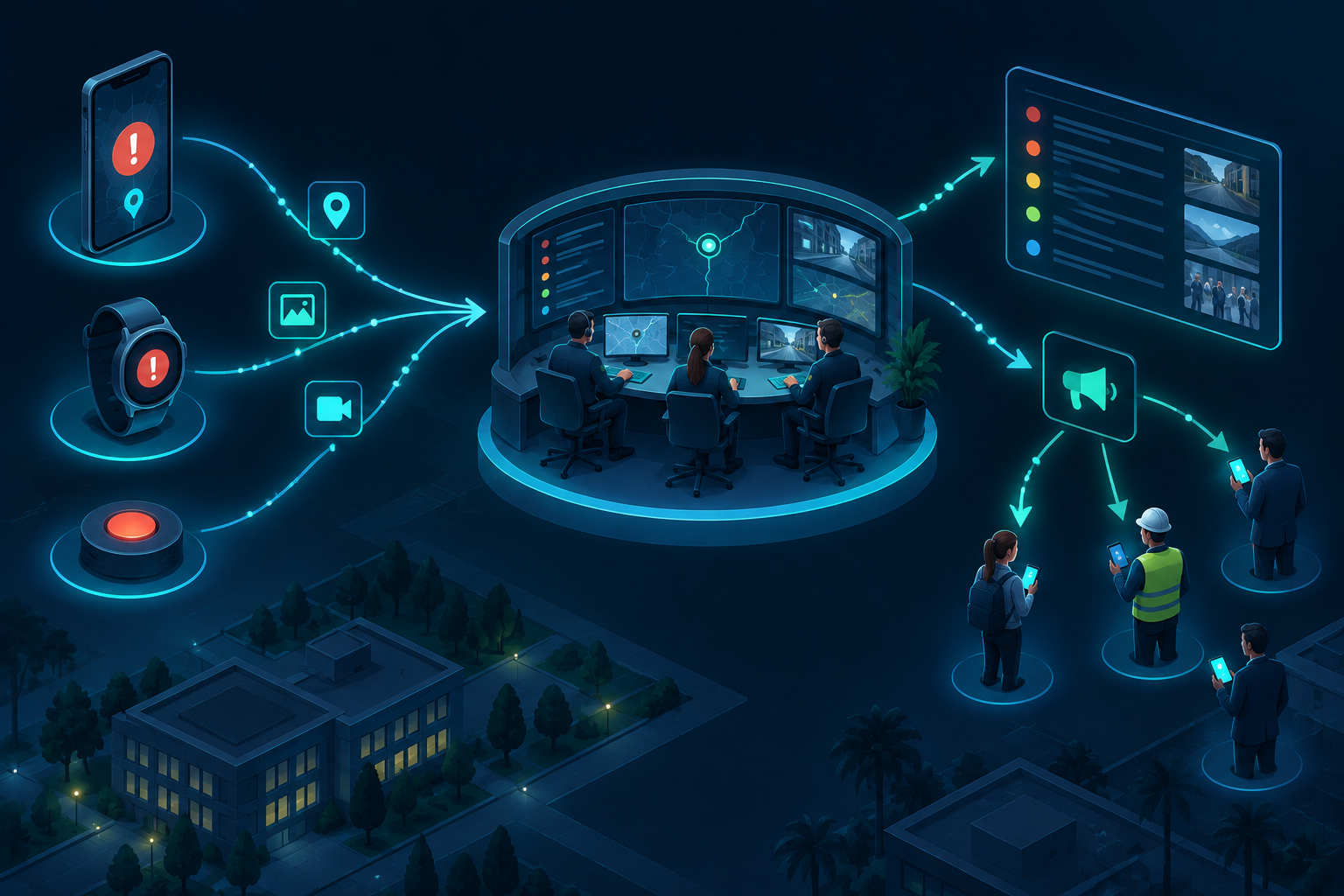 Schéma conceptuel du parcours des alertes depuis une application, une montre ou un bouton vers la coordination, la traçabilité et la diffusion de consignes.