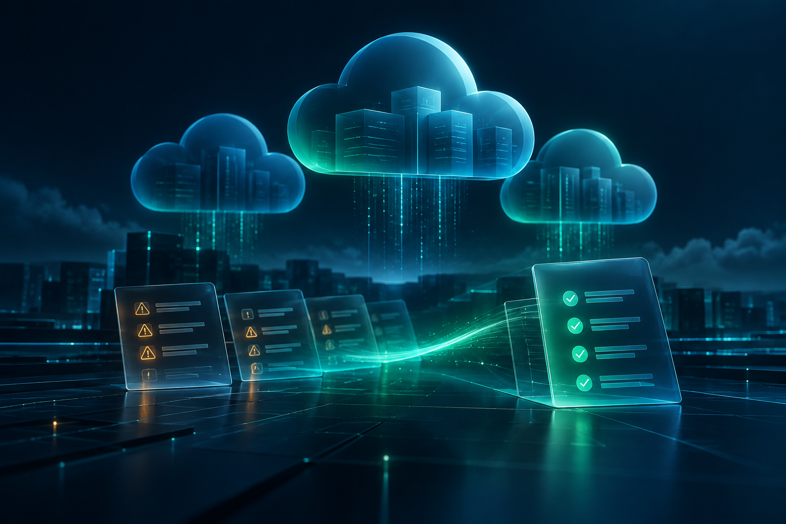 Ressources cloud abstraites illustrant la revue des configurations et l’amélioration de la posture de sécurité.