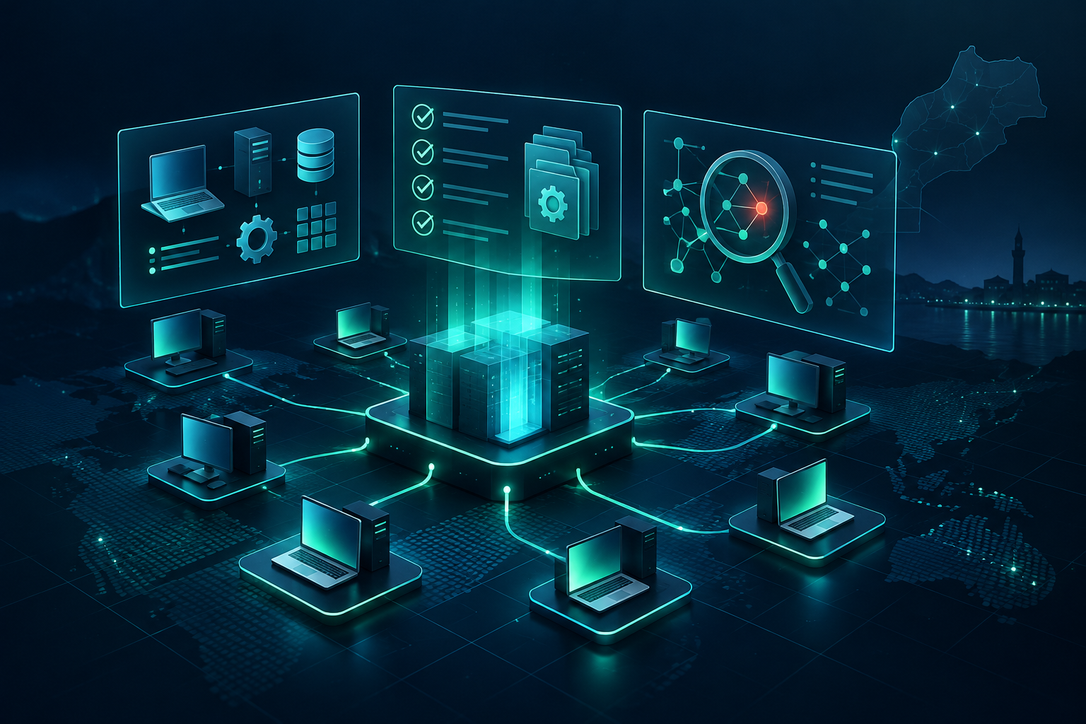 Illustration conceptuelle de SecuTex ED : visibilité sur les terminaux, contrôle des configurations et recherche de connexions suspectes.