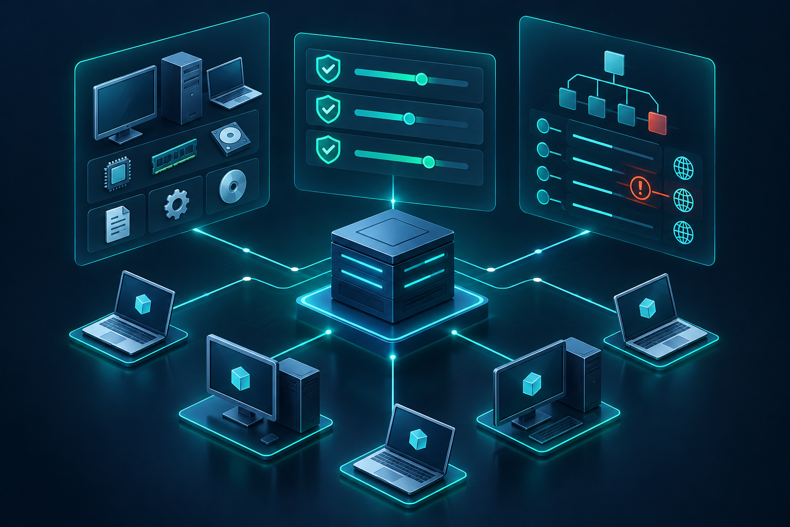 Schéma conceptuel des agents SecuTex ED remontant les données des terminaux vers une console centralisée pour l’inventaire, les contrôles de configuration et l’analyse des menaces.