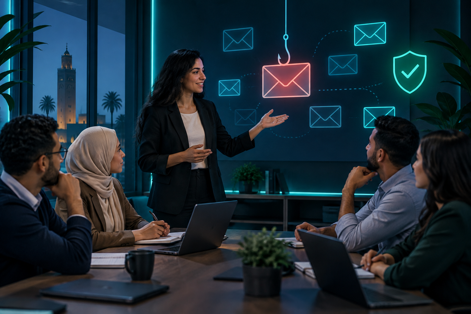 Collaborateurs en atelier de sensibilisation à la reconnaissance des messages de phishing.